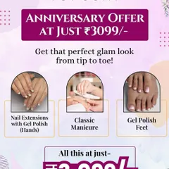 Our anniversary offer for a complete glam look from tip to toe. This package includes nail extensions, a classic manicure, and gel polish for both hands and feet.