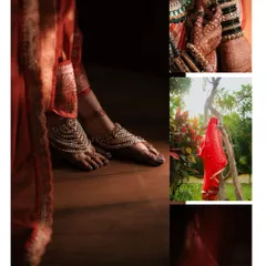 An artistic collage focusing on the beautiful details of the bride's attire, from her henna-covered feet with silver 'payal' to her hands and saree.