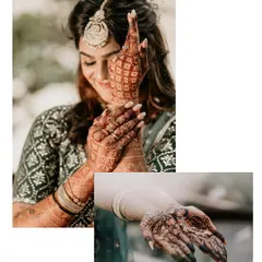 A diptych showing the bride's beautiful mehndi design. The top frame is a classic portrait, while the bottom shows the dark stain of the henna, a sign of a happy marriage ahead.