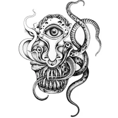 I call this one a 'Self Portrait'. It's an abstract representation of inner chaos and complexity, with a single eye, sharp teeth, and tentacles, all rendered in detailed ink work.