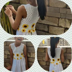 A collage showing my daughter's joy while wearing her custom sunflower frock. The design features a crochet bodice with sunflowers that cascade down onto the white skirt, tied together with a matching belt.
