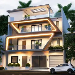 This upcoming residence in Ghaziabad features a striking modern facade. The design is defined by its unique geometric frames with integrated LED lighting, creating a dynamic and futuristic look that makes the building stand out.
