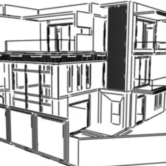 The next step is refining the sketch into a clean line drawing. This digital wireframe provides a more detailed structural outline of the luxury home before colors and materials are applied.