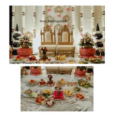 A full view of the traditional ceremony setup. The ornate chairs for the parents-to-be are placed before a backdrop with lotus cutouts, and the floor is arrayed with fruits and traditional offerings.