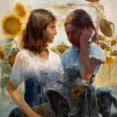 Titled "Choice of Living," this oil on linen canvas depicts a conversation between two girls. It explores the idea of separate worlds and the need to bridge the gap between marginalized children and mainstream opportunities.