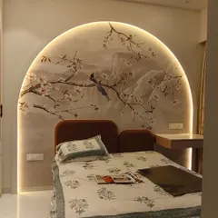 I love working on unique projects like this one in Nahur. I installed a delicate chinoiserie style wallpaper inside a custom-built arched niche, and the result is a beautifully framed piece of art, enhanced by the client's cove lighting.