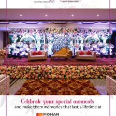 This magnificent stage at Mohan Banquets is a testament to our love for grand floral arrangements. We combined a rich floral carpet with an elaborate stage backdrop to create a truly regal setting for a wedding reception.