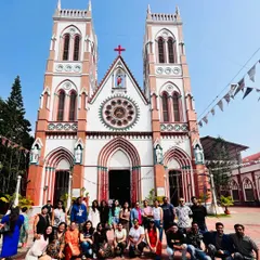 Our group in front of the magnificent Basilica of the Sacred Heart of Jesus, a beautiful example of Gothic architecture in Pondicherry.