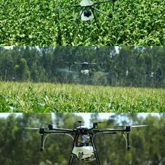Close-up shots of an agricultural drone in mid-flight, demonstrating its spraying capabilities over a cornfield. Our dynamic footage is ideal for product demos.