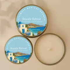 The 'Seaside Retreat' mini metal charm. These small tin candles are perfect for including in gift bags, as wedding favors, or as part of a sample kit for your own candle brand.