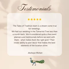 A glowing review from our client Akshaya. We believe our strength lies in understanding a venue's potential and designing decor that makes its best elements shine. We are so glad we could make it happen in under a month.