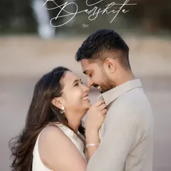 A beautiful close-up of Kunal and Darshita on the beach. This shot captures their natural smiles and easy chemistry, with their names elegantly scripted to personalize this romantic moment.