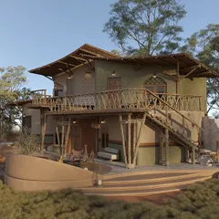 This wide shot showcases the resort's main building, with its elevated wooden deck and organic, flowing lines. The architecture is intentionally low-impact, designed to sit humbly within the surrounding trees and grassy fields, creating a harmonious hospitality experience.