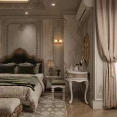 A dedicated vanity corner in a luxury bedroom, featuring a classic dressing table and mirror that complements the room's opulent theme.