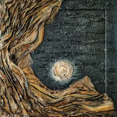 Titled 'THE MOONLIGHT', this piece from my Wabi-Sabi series uses fabric and mixed media on wood. The textured drapes frame a central, glowing moon, creating a dramatic interplay of shadow, light, and rustic texture.