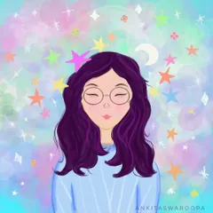 A whimsical digital portrait of a girl with purple hair, surrounded by a dreamy aura of stars and pastel colors.