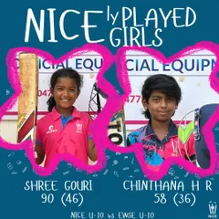 Our little champions, Shree Gouri and Chinthana, with massive scores in an U-10 practice match. The future of NICE cricket is incredibly bright.