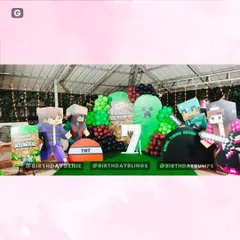 This shot captures all the elements of our Minecraft setup, including the welcome easel, TNT prop, and multiple character standees.