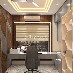 Would you like an office like this? This space combines a sleek, floating desk with a geometric-paneled wood wall and a honeycomb-style bookshelf, creating a modern and dynamic environment for productivity.