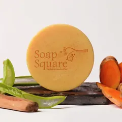 This is our Sandalwood and Turmeric soap, a traditional recipe for skin brightening. It’s made with kokum butter to help even out skin tone and reduce tanning, giving you a natural glow.