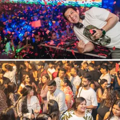 A collage capturing the dual essence of my nights at Happy Brew: me at the console and a dance floor full of happy faces. It's all about that shared experience.