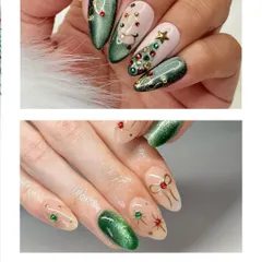 Get into the holiday spirit with our festive Christmas nail art. This collage shows different options, from a glittery green nail with a Christmas tree design to a more subtle look with delicate bows and gems.