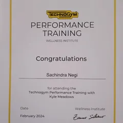 My certificate for completing the Technogym Performance Training program, focusing on advanced athletic development.