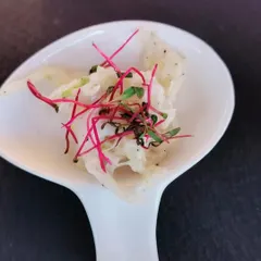 A delicate, single-spoon serving of a refreshing salad, garnished with vibrant microgreens. This showcases our focus on elegant, bite-sized culinary creations.