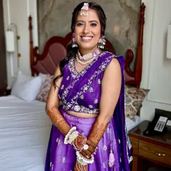 Who said Haldi has to be yellow? This bride chose a stunning purple, and I created a look with lilac shimmer lids and a fresh glow to match.