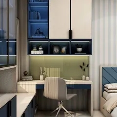 A close-up of the study area, showing the well-lit desk and the combination of open and closed shelving. It's a perfect, organized spot for homework and hobbies.