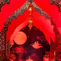 A key feature of the entrance was this magical backdrop depicting Aladdin and Jasmine on a magic carpet ride against a starry night sky.
