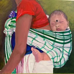 This painting, "Precious Cargo," by artist Ranjani Ramesh, celebrates motherhood. The focus on the mother's back as she carries her sleeping child is a powerful tribute to the strength and devotion of women.