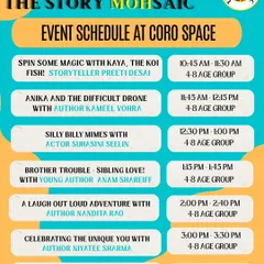The packed event schedule for our StoryMOHsaic festival at Coro Space, featuring back-to-back sessions with authors, storytellers, and actors for different age groups.