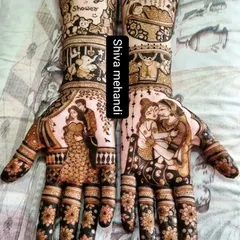 This detailed baby shower mehendi tells a story with portraits of the expecting couple and scenes of them with their baby. It also features baby-themed elements like a cradle and tiny clothes.
