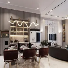 This open-plan living and dining area showcases our integrated design approach. We crafted the modern dining set with plush chairs and a sleek table, complemented by a custom crockery unit with fluted glass and built-in lighting to display prized possessions.