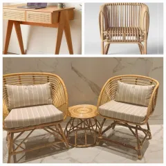 This collage showcases our versatile rattan furniture, including a cane-paneled desk, a classic armchair, and a complete seating set with striped cushions. It highlights our ability to furnish different areas of the home with cohesive, eco-friendly pieces.