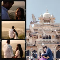 A filmstrip-style collage from a Jaipur pre-wedding shoot, showing candid moments against the backdrop of the city's beautiful architecture and scenic views.