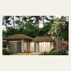 The exterior of a private villa at our Kanha resort project. The design features a pitched, thatched roof and stone-clad walls, using traditional forms and local materials to blend seamlessly with the forest landscape.