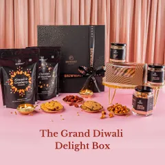 A full view of The Grand Diwali Delight Box. This hamper is a feast for the eyes and the palate, featuring our Almond & Cranberry Granola, Chocolate & Hazelnut Granola, assorted cookies, and spiced nuts in a premium black gift box.