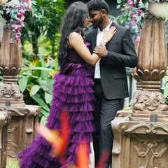 It's all about capturing the connection between you two. This beautiful ruffle gown is just one of over 150 outfits you can choose for your pre-wedding photoshoot package in Bangalore.
