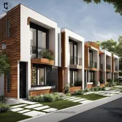 This design for duplex row housing showcases a perfect blend of modernity and functionality. I used a combination of white render, wood-look slats, and clean lines to create a cohesive and stylish streetscape.