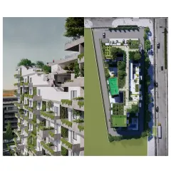 An exterior rendering and site plan for the Urban Nest concept. The design features staggered balconies and green terraces, which not only enhance the facade's attractiveness but also symbolize the importance of social interaction and connection to nature.