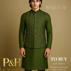 A portrait shot highlighting the fine craftsmanship of the hand-embroidered Nehru jacket.