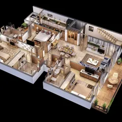 A slightly different layout for a 3D apartment floor plan, showcasing an alternative furniture arrangement and interior design style to demonstrate versatility.