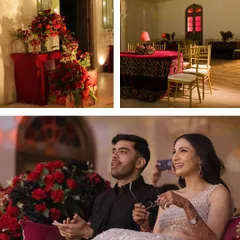 A collage from a cinematic Sangeet night. It captures the couple enjoying the performances, the red velvet decor, and the overall romantic, theatrical ambiance of the event.