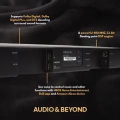 A detailed view of the Denon DHT-S516H soundbar's connectivity ports and features. It supports various Dolby and DTS surround sound formats and includes a powerful DSP engine for an immersive home theater audio experience.