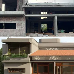 **Of Courtyards and Corners, Ahmedabad:** Another render-to-reality comparison, focusing on the facade details. The image shows the translation of the designed window placements and material textures from the digital model to the physical building.