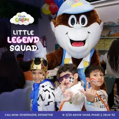 The Little Legend Squad, assembled and ready for fun with Mr. Giggles! Our mascot loves posing for photos with the birthday crew, creating a legendary picture that the kids will treasure.