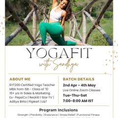 This poster has all the details about me and my program. I'm an RYT200 certified teacher with an MBA and 15+ years of corporate experience. My program includes strength, flexibility, stress relief, and high individual attention. DM to register.