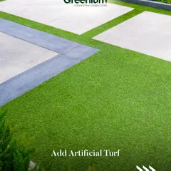 Add a touch of green to your modern landscape with our artificial turf. Here, it's used to create clean, geometric lines alongside concrete pavers, boosting property value and aesthetic appeal without any maintenance.